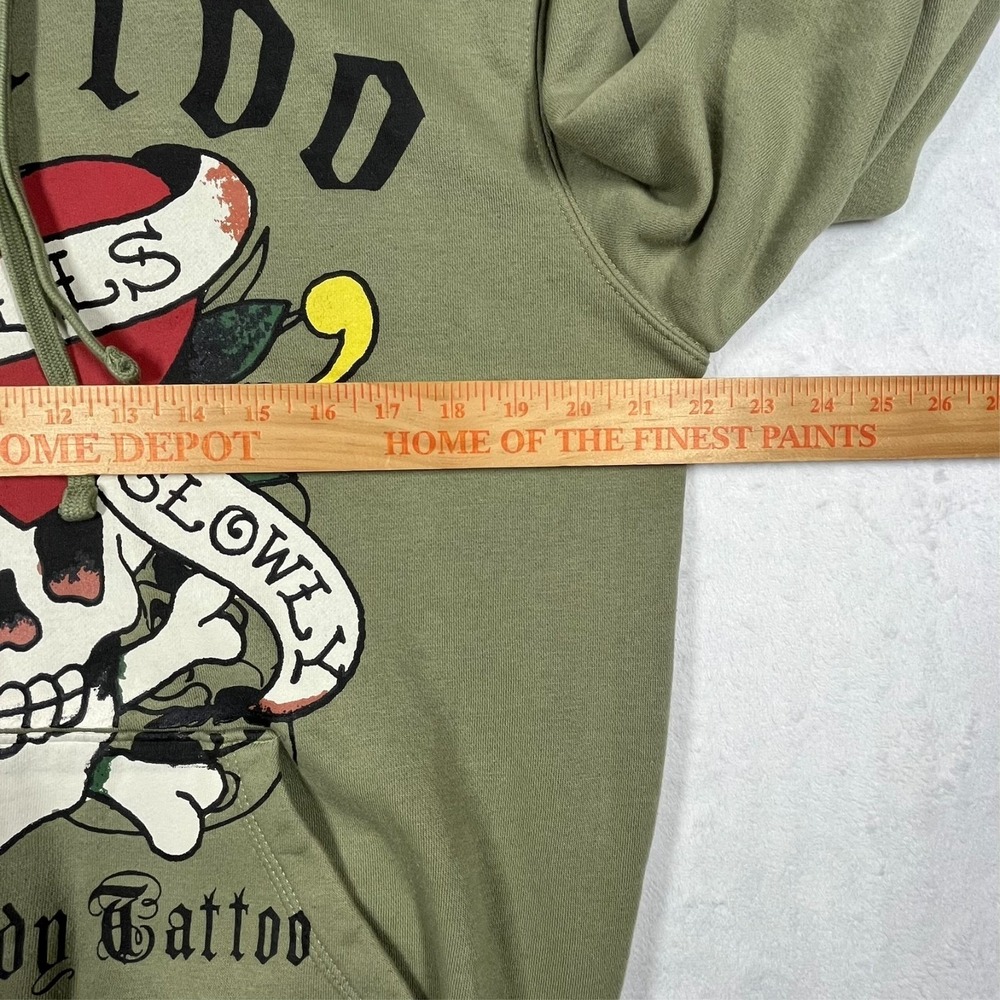 Ed Hardy Hoodie Mens Medium Olive Green Tattoo Graphic Love Kills Slowly *Flaws - Picture 12 of 14